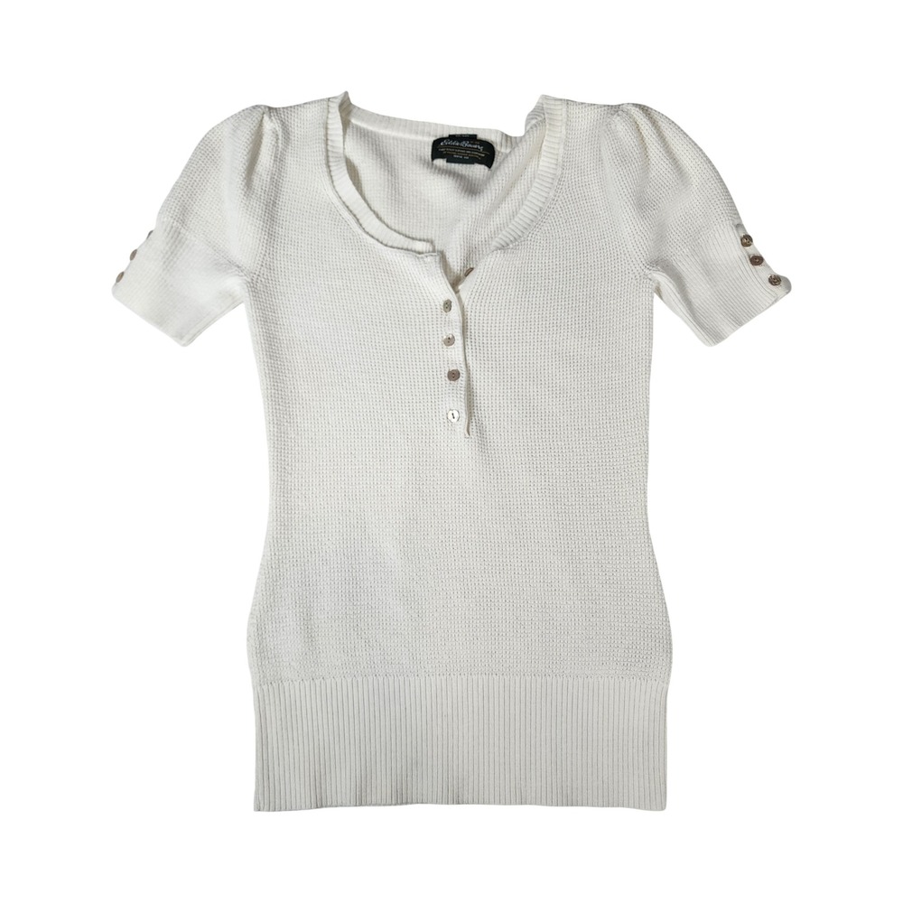 Eddie Bauer Womens XS White Waffle Knit Henley Puffy Short Sleeve Sweater